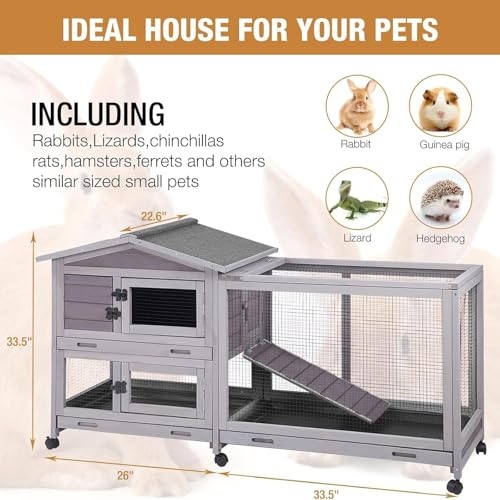 Bunny Cage Indoor and Outdoor Rabbit Hutch with Casters Waterproof Roof, Pull Out Tray from Back and Front 61.2" L x 22.6" W x 33.5" H - Image 2