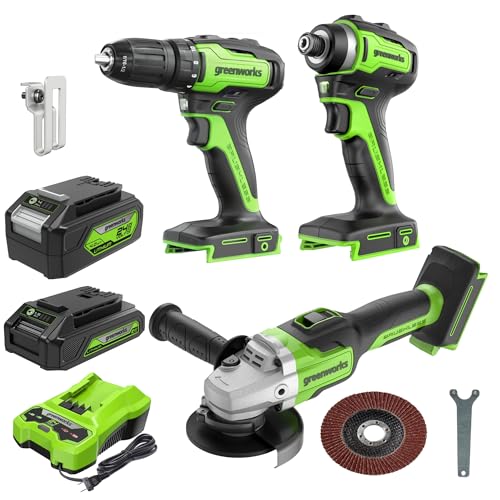 Image of Greenworks 24V Brushless 3 pcs Cordless Power Tool Combo Kit, include Drill Driver, Angle Grinder, Impact Driver, 1 x 4Ah Batteries, 1 x 2Ah Batteries and 1x 2A Charger