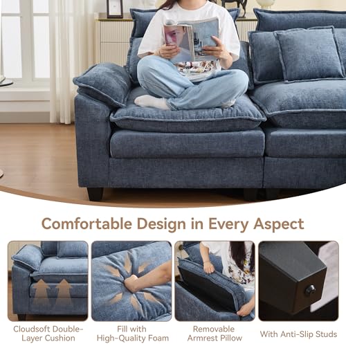 Image of 72'' Cloud Modern Loveseat Couch with Detachable Headrest, Modular Sectional Sofa Couch Deep Love Seat, Oversized 2 Seater Chenille Comfy Sofa with Armrests for Living Room, Blue