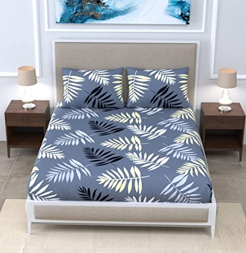 Image of Microfiber Fitzy 280 Tc Fitted Bedsheet King Size, Elastic Bedsheet, 72X78 + 10 In Drop,With 2 Pillow Covers (Grey-New-Leaf)