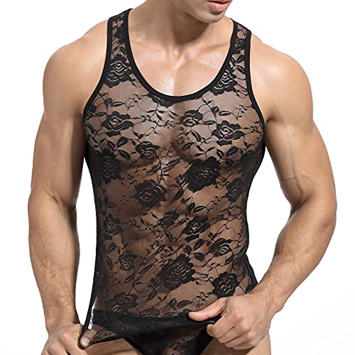 Men's Sexy Vest Lace Muscle Floral Sleeveless Undershirt Semi Transparent Sports Tank Tops