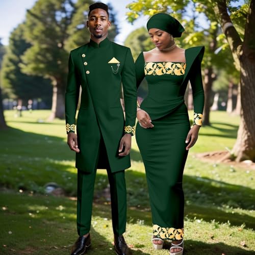 Roupas Africanas para Casais Homens Bordado Traje de Negócios e Vestido Maxi Feminino Lenço de Cabeç