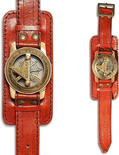 Brújula de pulsera antigua de latón con correa de cuero miniatura 1