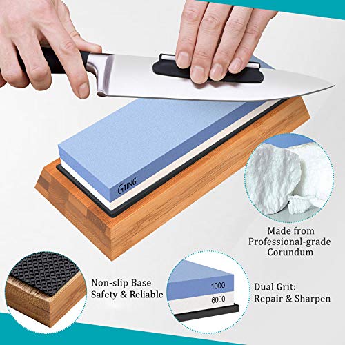 Whetstone Knife Sharpening Stone Set,G-TING 1000/6000 Grit Whetstone Sharpener Includes Non-Slip Angle Guide,Polishing Tool, Bamboo Base for Kitchen,Pocket Knives,Blades,Hunting