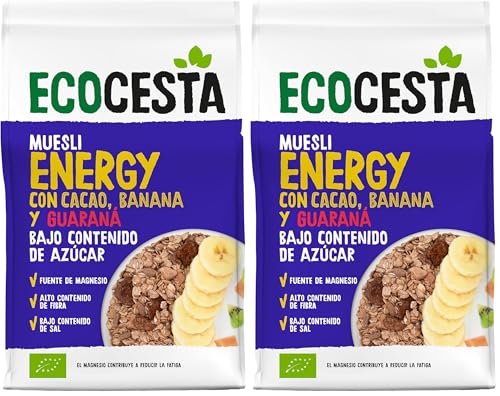 ECOCESTA MEJOR CADA DIA, Muesli Energy, 375 g, Cereales con Cacao, Plátano y Guaraná, Alto Contenido Fibra, Aporta una Dosis Extra de Energía, Cereales de Desayuno (Paquete de 2)