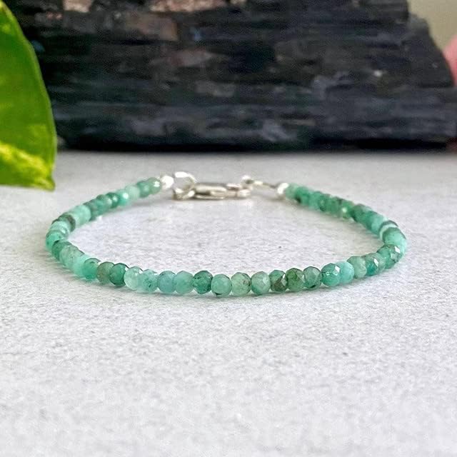 Hand Crafted 3.5mm Genuine Emerald Beaded Bracelet, 14k Gold or Sterling Silver | May Birthstone Jewelry | Dainty Raw Emerald Bracelet for Women Draft YO-BRACE-1082