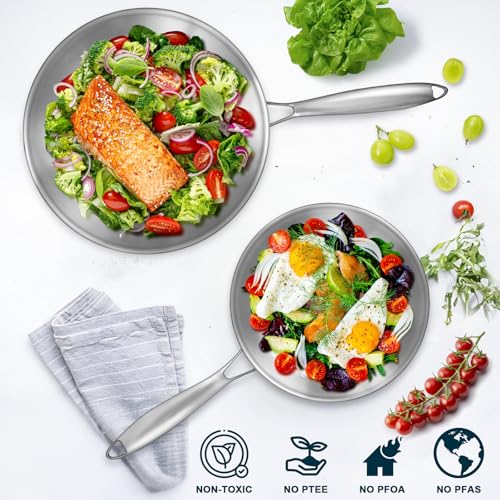Image of Tri-Ply Stainless Steel Frying Pans Set with Lid, EWFEN 8 inch /10 inch /12 inch Cooking pans, PFOA&PTFE Free Skillet, Induction Cooking Pan, Dishwasher and Oven Safe, Fast & Even Heat, Suitable for All Stove