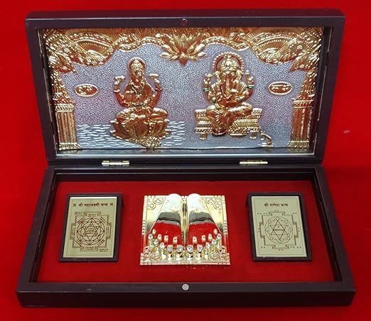 Image of 24K Gold Plated Religious Frame Photo Frame with Charan Paduka Return Gifts for Home Puja Office (LAXMI GANESH)