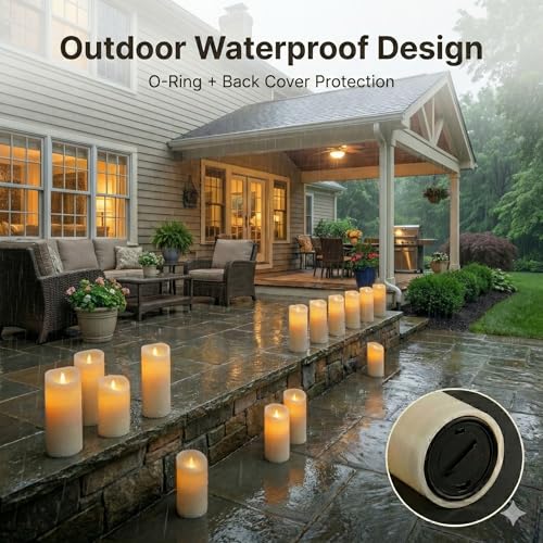 Image of Set of 24 Slim Outdoor LED Candles, Battery Operated Flickering Fake Candles with 10-Key Timers for Patio & Porch Decor, 2.2 Inch Diameter Waterproof Resin Pillars for Large Events & Sconces (White)