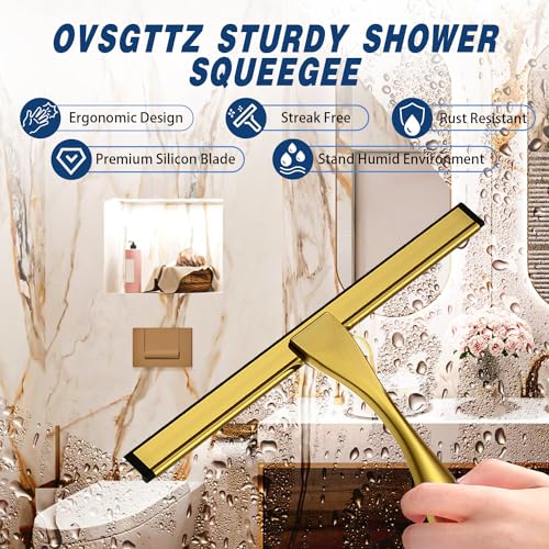 Image of All-Purpose Shower Squeegee for Shower Glass Door with 3 Adhesive Hooks, Stainless Steel Shower Door Squeegee for Bathroom, Household Window, Car Windshield, Mirrors, Tiles Clear, 12 inch, Golden