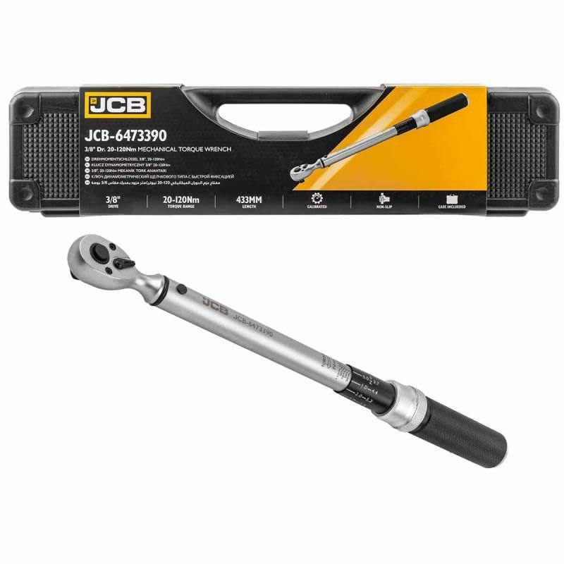 JCB Llave dinamométrica mecánica de 3/8 pulgadas 20-120 Nm, rango de torsión ajustable de 20-120 Nm, esta versátil llave dinamométrica es ideal para apretar con precisión pernos y tuercas