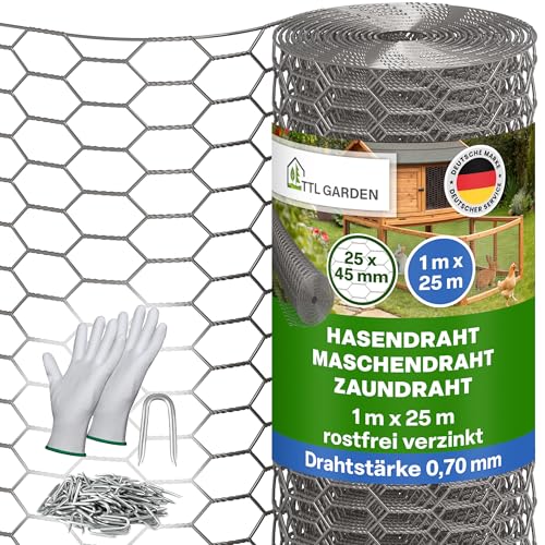 TTL GARDEN 1x25m Hasendraht 25x45mm Masche rostfrei verzinkt - 0,70mm Draht Stärke Rolle feinmaschig Drahtgitter Kaninchendraht Zaun Gitter Maschendrahtzaun 25m x 1m breit silber