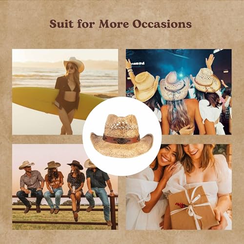 Image of Straw Cowboy Hats Cowgirl Hat Western Cowboy Hat Rancher Hat for Men Women, Exquisite Decoration Band