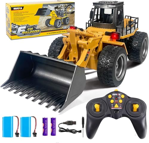 kkny Remote Control Bulldozer Toy Truck, 1/18 Scale RC Metal Rc Front Loader 4WD Construction Vehicles for Boys Girls Kids with Rechargeable Two Battery 6+Year