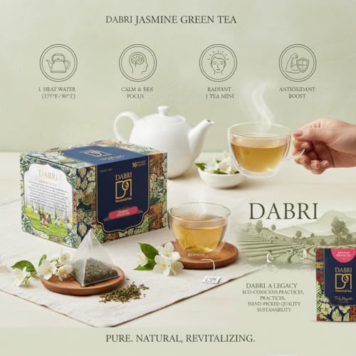 Image of Dabri Jasmine Green Tea 16 Pyramid Dip Teabags|Natural Dried Jasmine Flowers & Green Tea Leaves|Rich Antioxidants|Boosts Metabolism, Brain & Heart Health|Contains Catechins for Tooth Protection