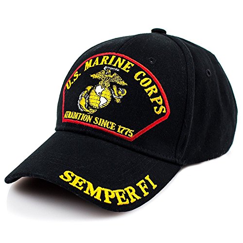 USMC Marine Baseball Cap with Emblem, Semper Fi and Motto (Black)