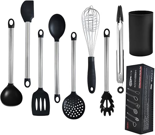 Miniatura 1 de KSENDALO Juego de utensilios de cocina de silicona de 9 piezas con soporte, resistentes al calor, espátula ranurada, cucharas, batidor, pinzas,