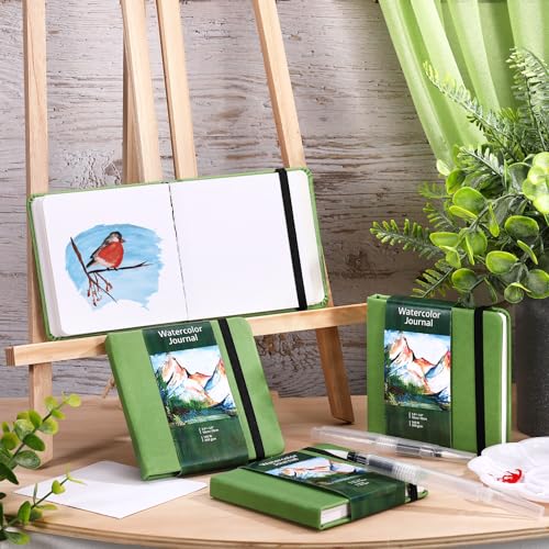 Image of Dispowreath 4 Set Watercolor Sketchbook Journal with Watercolor Brush Pens 300 GSM Cotton Paper Portable Square Small Pocket Notebook Travel for Painters Art Supplies (Green,3.9 x 3.9 Inch)