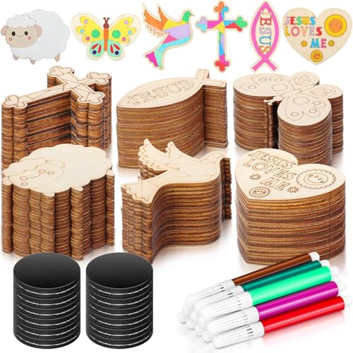 Blueweenly 48 Pack Jesus Wood Religious Craft Kit Magnets Vacation Bible Sunday School DIY Coloring Wooden Religious Crafts for Christian Sunday School Art Party Decoration Gift