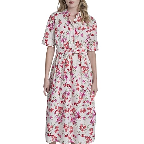 Image of DKNY Women's Short Sleeve Cotton Poplin Collared Midi Shirtdress