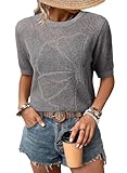 Dokotoo Womens Summer Short Sleeve Crochet Tops Hollow Out Solid Floral Vacation Outfits Knit Pullover Sweater Sexy Beach Clothes for Women 2026 Fashion Cruise Knit Top Resort Wear Grey X-Large