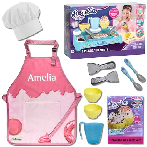 hatch & wander Freezy Bake Ice Cream Maker Bundle | Includes Kids Apron and Chef Hat | Freezy Bake Mix (mix may vary)