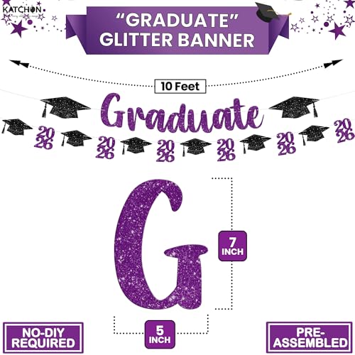 Image of Glitter Purple and Black Graduation Decorations - 10 Feet | Pre- Strung, Congratulations Graduate banner | Black and Purple Graduation Decorations 2026 | Graduation Party Decorations 2026 - KatchOn