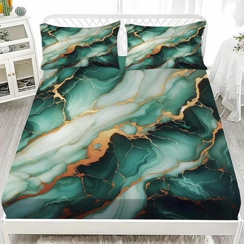 Sabana Bajera 135x190 MáRmol Sabanas Bajeras Estampadas Abstracto Sábana Bajera Ajustable Suaves, Elastico Funda Colchon con 2 Funda Almohada 50x80 cm, para Colchón de 30cm de Altura