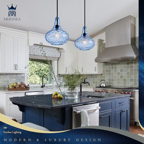 Image of 11 inch Blue Hammered Glass Pendant Light, Black Finish, E26 | 11 inch blue hammered glass pendant light with black finish, adjustable rod, E26 socket, ideal for kitchen islands.