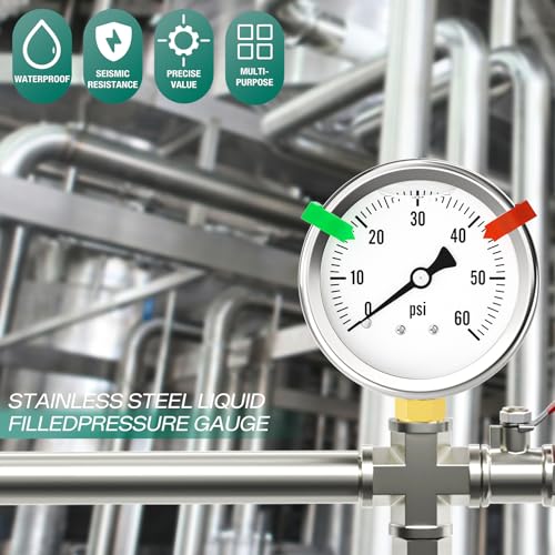 Image of 0-60PSI Stainless Steel Liquid Filled Pressure Gauge, 2.5 inch Single Scale Face Dial, 1 /4 inch NPT Lower Mount, for Tube, Water Pump, Gas, Liquid, Pressure Test (with Range Mark Pointer)