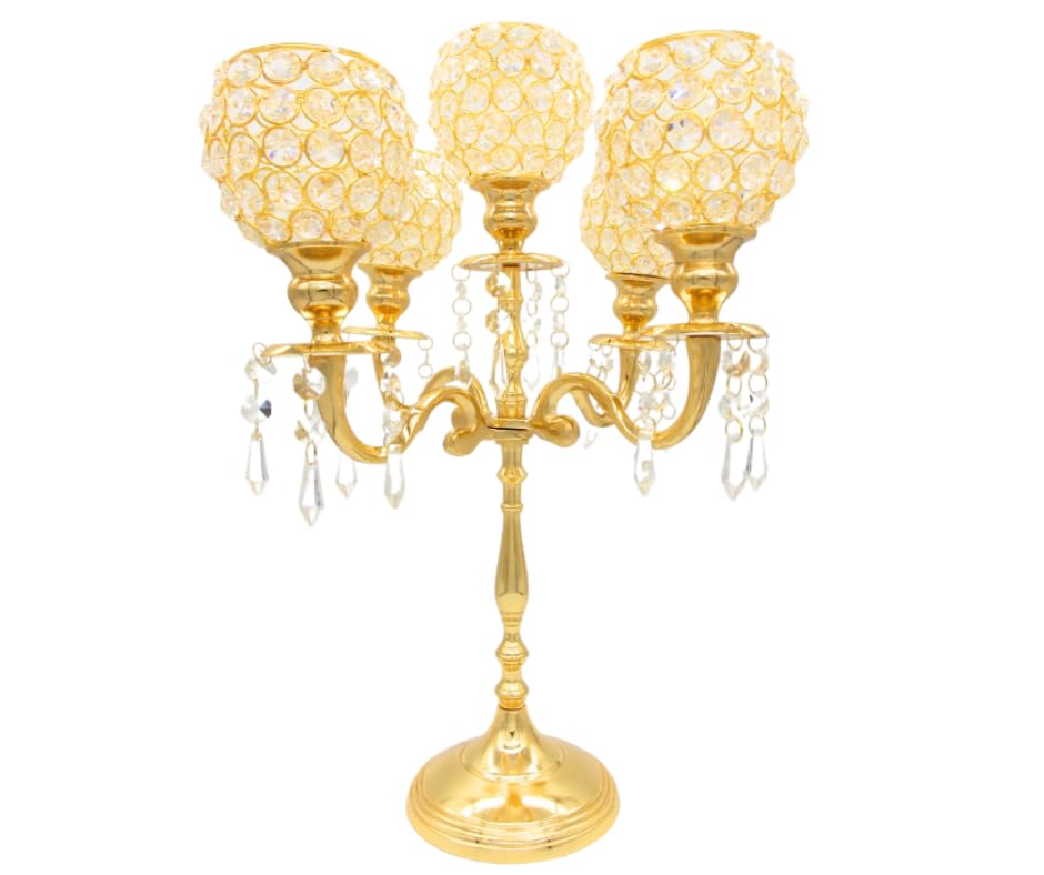 Candle stand holder, free standing, Candle holder, Candles, tea light holder, cande lebra 5 arms with k9 crystal globe in gold and silver for any occasion (Golden)