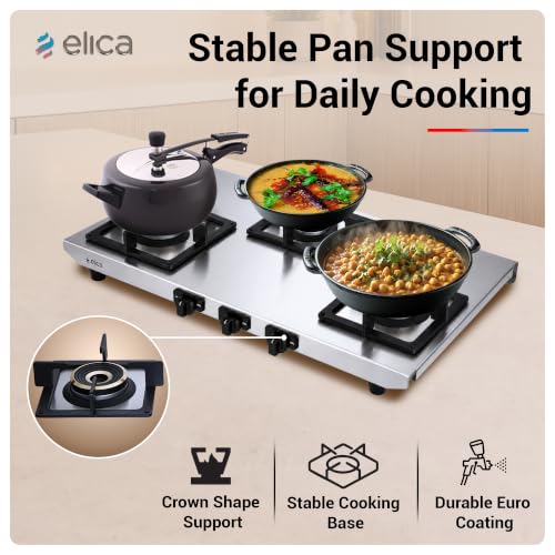 Image of Elica 3 Burner 2mm Stainless Steel Gas Stove | INOX HD 3B 77 SG | 77cm Wide Layout, Forged Brass Burners - 1 Jumbo 1 Medium & 1 Small Burner, Square Grid Pan Support, 2 Yr Warranty
