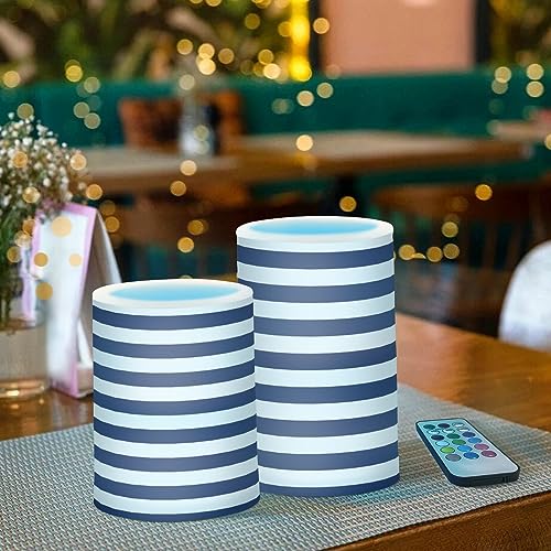 Image of YETTASBIN Navy Blue Stripes Flameless Candles with Remote Control and Timer, Adjustable Brightness Long Lasting Battery Operated LED Pillar Candles for Indoor Outdoor Party Home Decor, 2 Pack