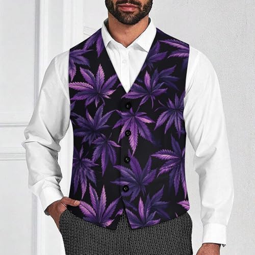 Purple Maple Leaf Weed Men's Suit Vests Dress Vest V-Neck Waistcoat Slim Business Formal with Pocket2