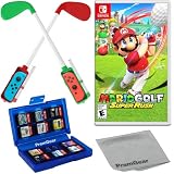 Mario Golf: Super Rush for Nintendo Switch (US Version), with Golf Clubs for Joy-Con Controllers (2 pack, Red & Green), 24 Slot Game Card Holder & Cleaning Cloth