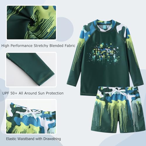 Image of Boys Two Piece Rash Guard Swimsuits Set with Swim Trunk Kids Long Sleeve Bathing Suit Swimwear Set