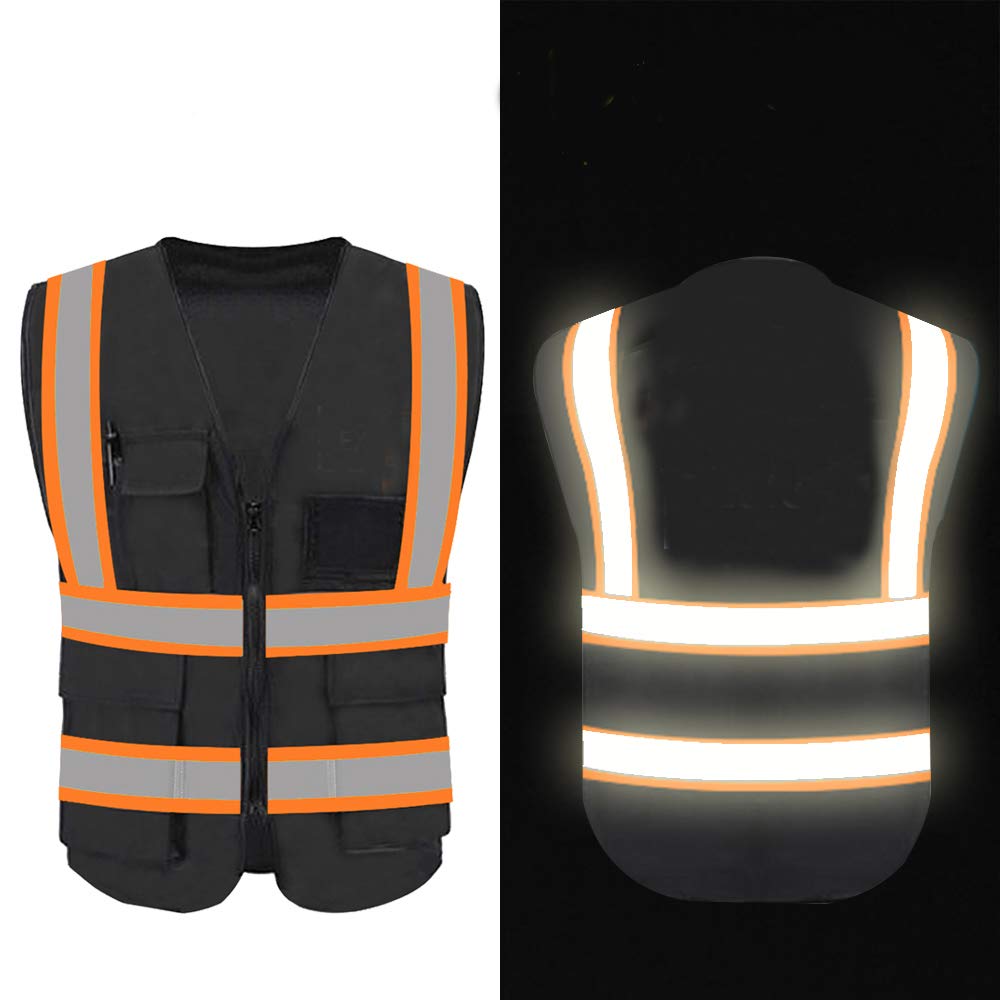 YOWESHOPHigh Reflective Visibility Safety Vest Protective Safety Workwear with Reflective Strips and Front Zipper (Black(Orange Webbing)-XXXLarge)