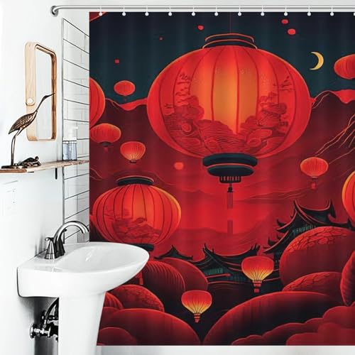 Rideau de douche lanterne chinoise en tissu haut de gamme lavable de dimensions 152x183cm