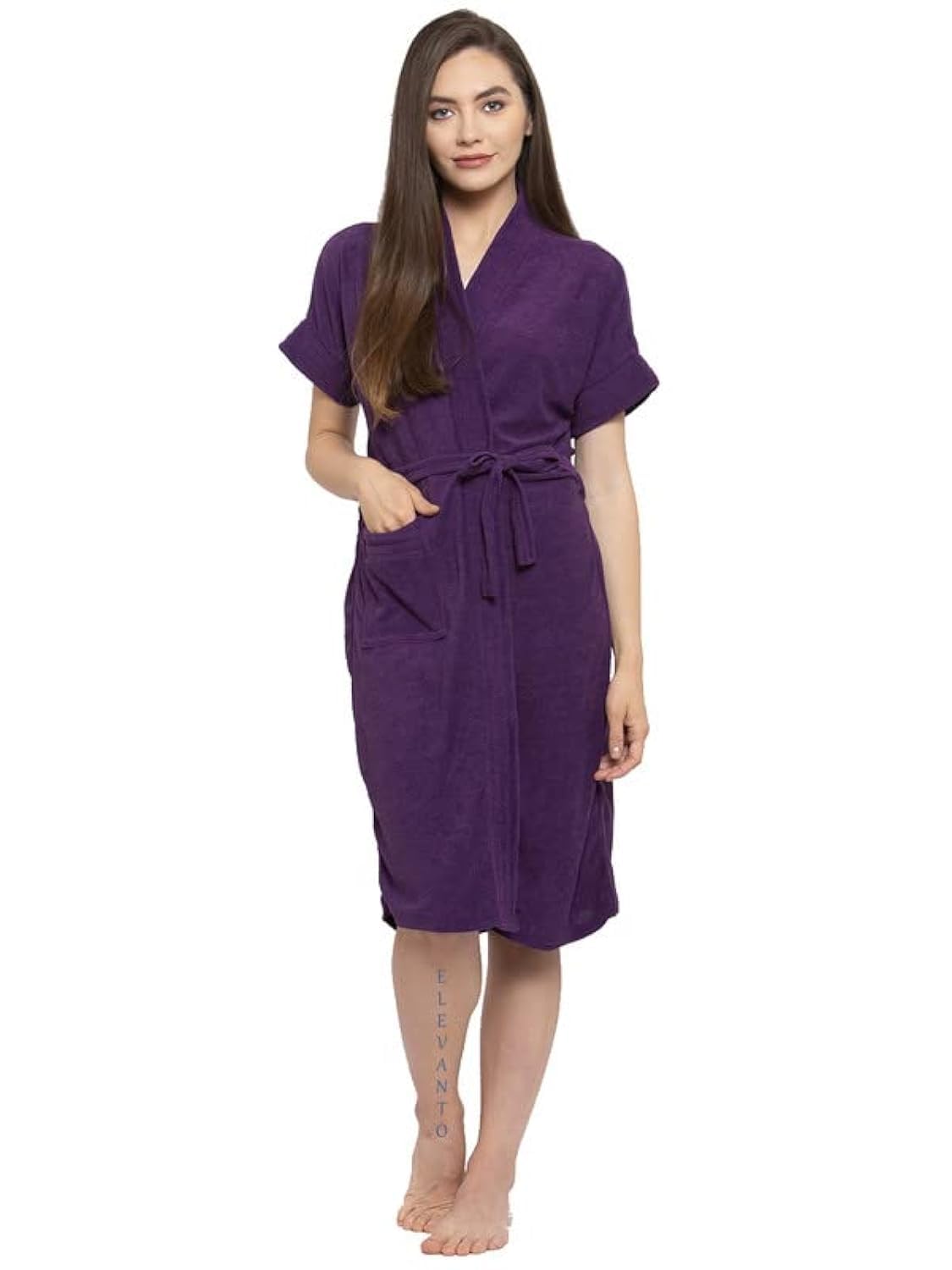 ELEVANTO (PURPLE) PREMIUM DRY TECH TERRY MATERIAL HALF SLEEVE WITH FRONT POCKET BATHROBE FOR WOMENS