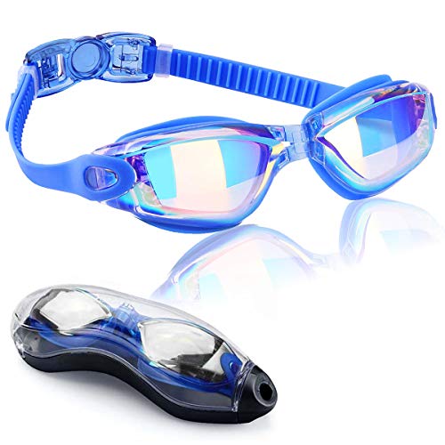EMIUP Swimming Goggles Adult, No Leaking Anti Fog UV Protection 180 Degree Vision and Soft Silicone Nose Bridge Swim Goggles for Men Women Kids 10, Blue with Colorful Mirrored Lenses