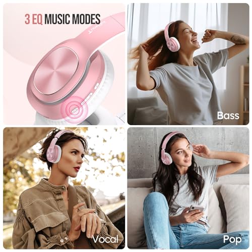 TuneFlux Wireless Bluetooth Headphones Over Ear, 80H Playtime, 3EQ Sound Modes, HiFi Stereo Headphones with Deep Bass, Foldable Bluetooth 5.3 Headphones for Smartphone/PC/Computer-Rose Gold - Image 5