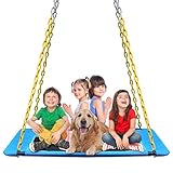 KKTour Platform Tree Swing 60inch Kids Adults Outdoor Large Flying Swings Seat, Textliene Waterproof Fabric with 4pcs Heavy Duty Chains & 1000 lb Adjustable Tree Hanging Straps (Blue)