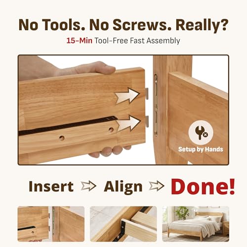 Image of Softa Venso King Solid Wood Bed Frame with Headboard, 1100 Lbs Heavy Duty Rubberwood Platform Bed, 15-Min Tool-Free Assembly, Quiet Stable Support, Japanese Japandi Design, No Box Spring Needed