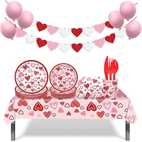 ZOOMPIL Love Party Tableware Set, Party Tableware Valentine's Day Theme Set, Plates, Cups, Tablecloth, Napkins, Banners, for Birthday Party, Valentine's Day Party Decorations Cover