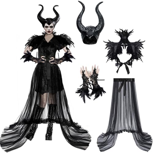 KUJAIS Maleficent Kostüm Damen: Teufel Kostüm Damen Set Maleficent Hörner mit Federumhang Spitzenhandschuhe und Langer Tüllrock für Halloween...