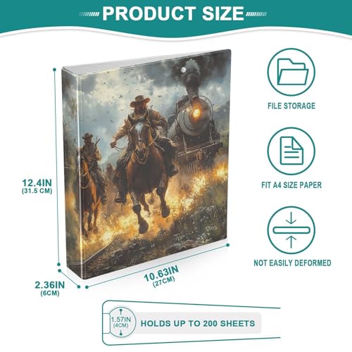 Image of 3 Ring Binder Cowboy Western Fire 1.5 inch Binders Three Ring Binders with Clipboard Fit 8.5'' x 11'' Paper 3 Interior PVC Clear Pockets for Office Supplies