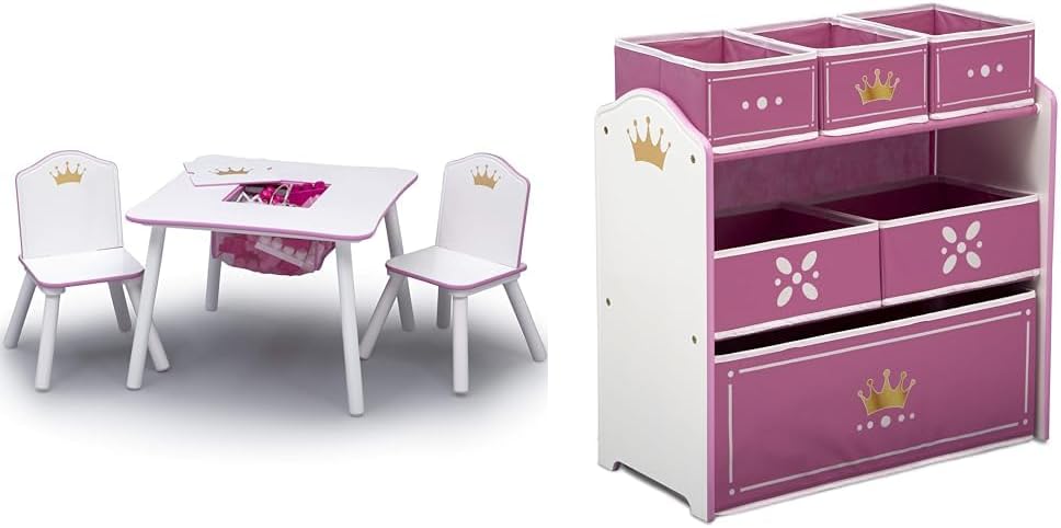 Delta Children Princess Crown Kids Wood Table and Chair Set with Storage & Princess Crown Design & Store 6 Bin Toy Storage Organizer - Greenguard Gold Certified, White/Pink
