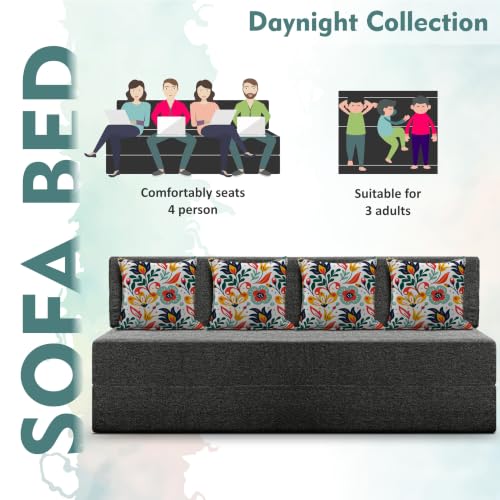Image of Los Angeles Foldable Four Seater Sofa Cum Bed, Sofa Bed 6 X 6 Feet Jute Fabric Washable Cover- Including Cushion Perfect for Living Room - Black