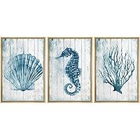 SIGNWIN Framed Canvas Print Wall Art Blue Seahorse and Seashell with Coral Decorative Shapes Illustrations Modern Art Rustic Relax/Calm Warm for Living Room, Bedroom, Office - 16