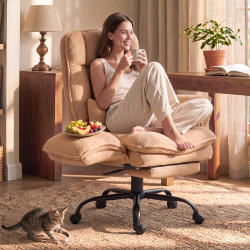 Image of Wider Seat Office Chair with Flip Armrests for Criss Cross Legged&Cats, Big and Tall Executive Ergonomic Reclining Chair with Footrest&Lumbar Pillow, Teddy Fleece Desk Chair, Brown Vanity Chair